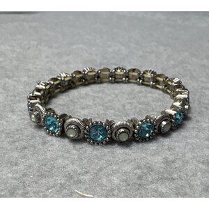 Vintage-Style Silver Tone Stretch Bracelet with Blue & White Gem Accents